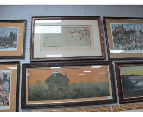 After John Hassall, 'Peter Pan At The Tops of the Trees' Lithograph, image 27 x 72.5cm. Cecil Aldin hunting scene print. (2).