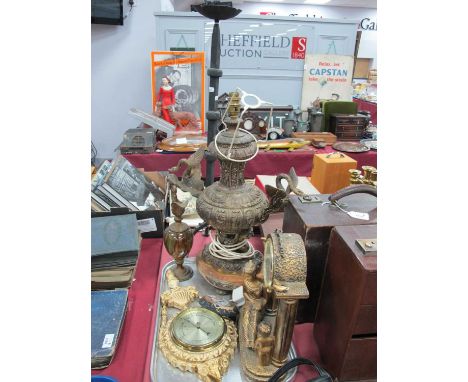 Atsonea Wall Barometer, mantle clock, gilt metal table lamp as a vase with swan handles, 46cm high excluding fittings, ewer:-