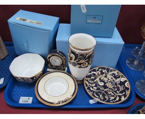 Wedgwood 'Cornucopia' Mantle Clock, 8.5cm high, octagonal bowl. dish, vase and plate.