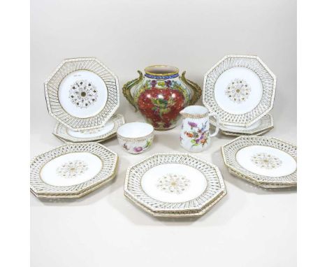 A continental porcelain part dessert service, together with a Cantagalli style lustre vase and Dresden china