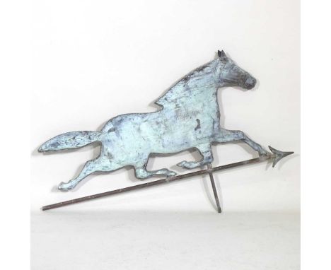 A metal weather vane, in the form of a horse, 82cm wideLooks to be usable, but without a base for it to sit in. Looks quite m