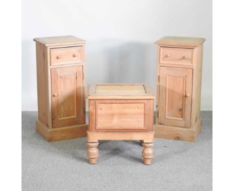 A pair of pine bedside cabinets, 34cm, together with a commode stool (3)34w x 29d x 76h cm