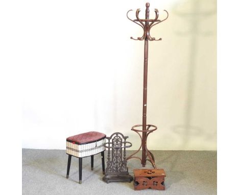 A bentwood hat stand, together with two stools and a stick stand (4)