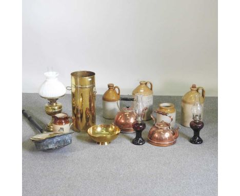 A brass oil lamp, with an opaline shade, 47cm high, together with a warming pan, a stick stand, stoneware jars and metalwares