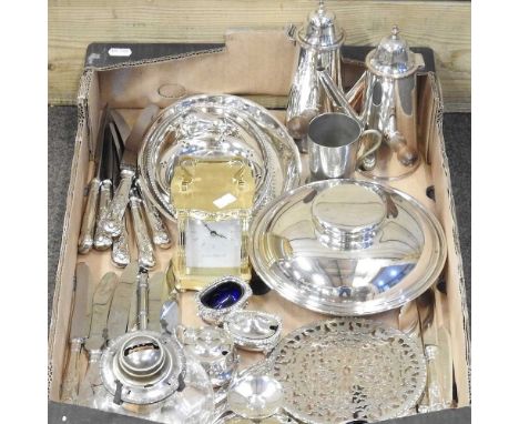 A collection of silver plated items, to include a carriage clock and cutlery