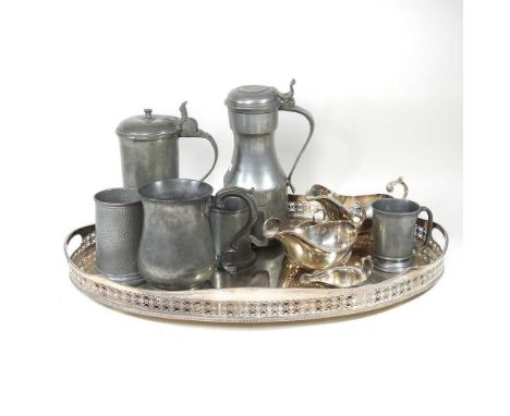 A 19th century pewter tankard, with a hinged lid, inscribed WD KG, 27cm high, together with a collection of silver plate and 