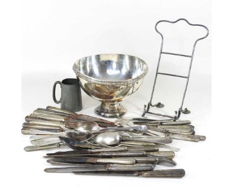 A silver plated punch bowl, together with a book stand and a collection of plated cutlery