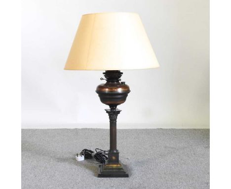 An early 20th century column table lamp and shade, 86cm high
