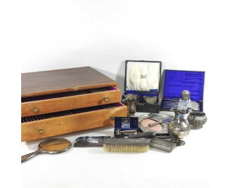 A part silver plated canteen of cutlery, 47cm wide, together with a collection of silver and silver plate, to include brushes