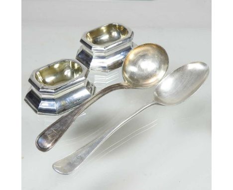 A pair of silver salts, 135g, Sheffield 1911, 7cm wide, together with a silver table spoon, 73g and George III silver ladle, 