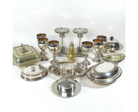 A collection of silver plated items, to include entree dishes and goblets