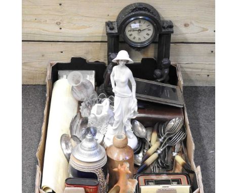 A collection of ornaments and various items, to include a silver cigarette case, a shagreen compact and cutlery