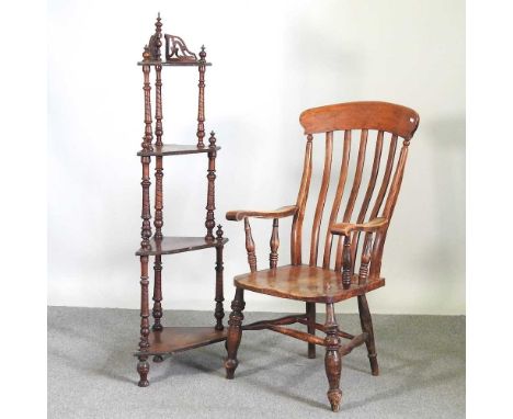 A 19th century stick back armchair, together with a Victorian marquetry corner whatnot, 145cm high (2)