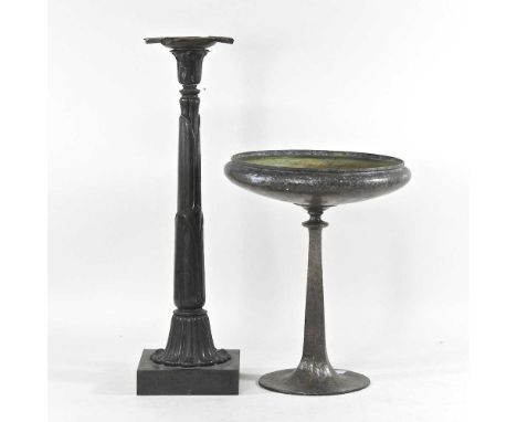 An Art Nouveau bronze lamp, with stylised foliate decoration, 49cm high, together with an Arts and Crafts tazza, with hammer 