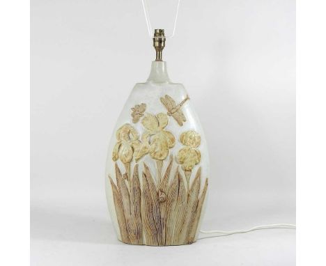 A Bernard Rooke pottery table lamp base, decorated in relief with bullrushes and dragonflies, signed, 55cm high