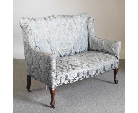 A late 19th century blue upholstered sofa, on cabriole legs116w x 64d x 96h cm