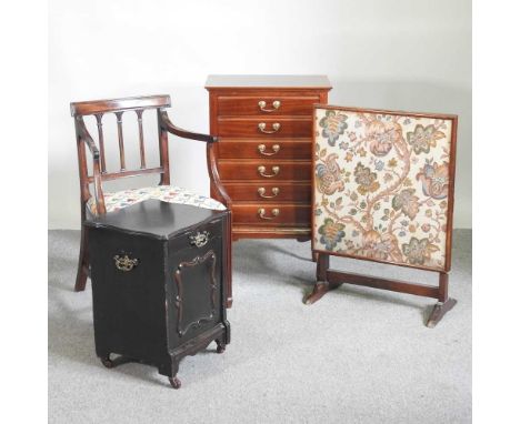 An Edwardian music cabinet, together with a tapestry fire screen, a coal purdonium and an open armchair (4)music cabinet 53w 