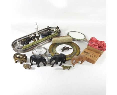 An early 20th century silver hand mirror, together with various metalwares, an Austrian cold painted bronze model of a dog an