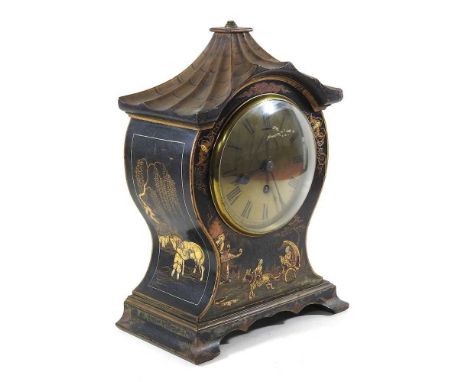 An early 20th century chinoiserie decorated mantel clock, with a brass dial, signed Russells, 18 Church Street, Liverpool, ha
