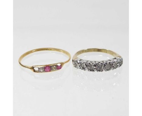 A 9 carat gold and illusion set diamond seven stone half hoop eternity ring, size L, together with an 18 carat gold ruby and 