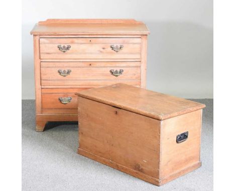 A satin walnut chest of drawers, 88cm, together with an antique pine trunk, with a hinged lid (2)88w x 41d x 82h cm