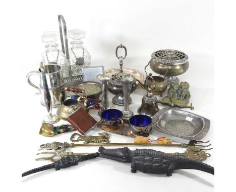 A collection of brass and metalwares and silver plate, to include toasting forks, vases and decanters 