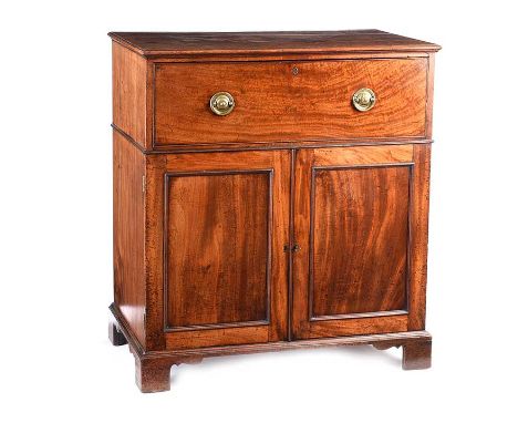 GEORGIAN MAHOGANY TWO DOOR CUPBOARD FITTED WITH SECRETAIRE DRAWER AND BRASS RING HANDLES ON FOUR BRACKET FEET.HEIGHT: 42 INCH