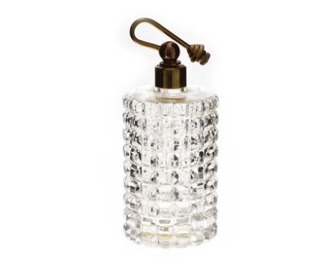 MOULDED GLASS VINTAGE PERFUME ATOMISER WITH BRASS TOP.HEIGHT: 5 INCHES.DIAMETER: 2 INCHES.PUMP MISSING.