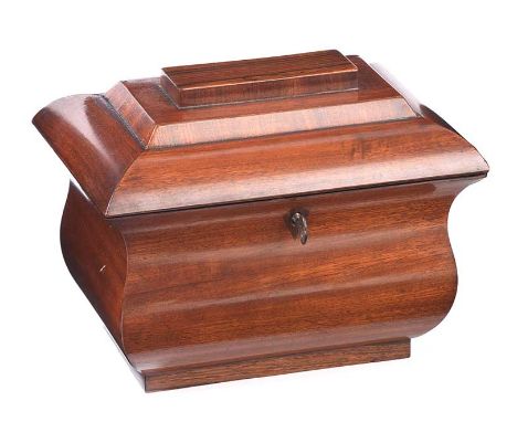GEORGIAN MAHOGANY TEA CADDY ON SQUARE BOX BASE.HEIGHT:7 INCHES.WIDTH: 8.5 INCHES.DEPTH: 6 INCHES.IN GOOD CONDITION WITH KEY.