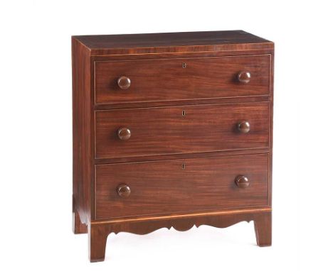 GEORGIAN MAHOGANY THREE DRAWER CHEST WITH TURNED HANDLES AND BRACKET FEET.HEIGHT: 34 INCHES.WIDTH: 30 INCHES.DEPTH: 18 INCHES