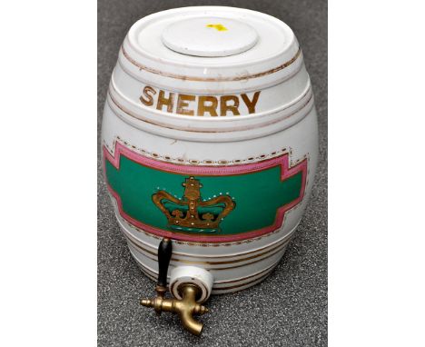 Sherry barrel and cover, gilt banded with green panel having 'jewelled' crown, brass tap, height 32cms.  (2)