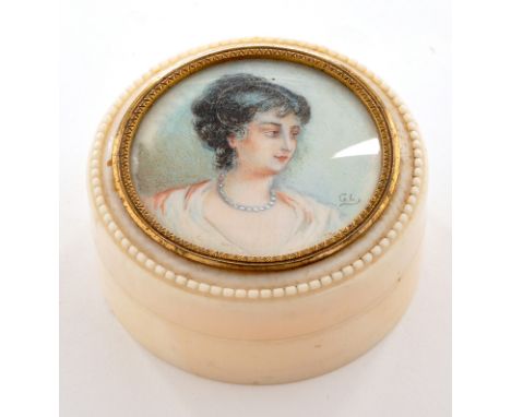 A 19th Century circular ivory box and cover, inset with a portrait miniature of a lady wearing a bead necklace, signed G.L., 