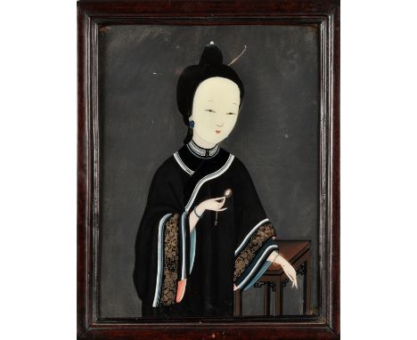 Chinese Export reverse-painting depicting a noblewoman holding a fob watch; gouache applied to a glass panel, 38.5 x 29.2cms 