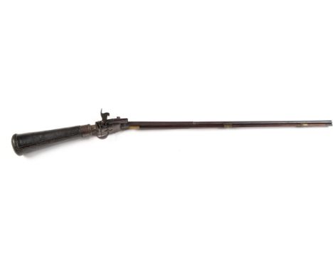 A flask-butt single shot muzzle loading air gun with outside lock, valve trip lever and lever main spring trigger, the 33 1/4