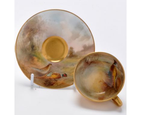 Royal Worcester painted 'shooting' miniature cup and saucer, signed, Jas Stinton, with pheasants feeding, printed lilac mark 