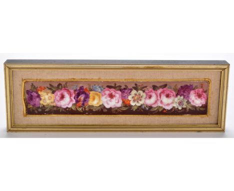 Floral painted 'Love' panel, with pink roses and passion flowers, 19th Century, 31.5 x 6.0cms, framed.