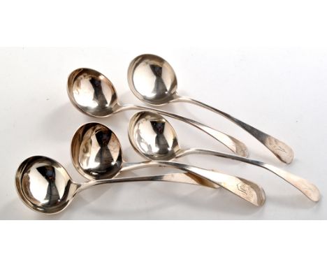 A set of four George III sauce ladles, by John Langlands II; and a George IV sauce ladle, by George Samuel Lewis, Newcastle 1
