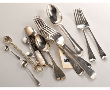 Three Victorian table forks, two dessert forks and two dessert spoons, by Reid & Sons, Newcastle 1873, Old English pattern, e