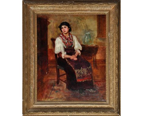 Attributed to Elizabeth Cameron Mawson, RA
(1849-1939)
A PORTRAIT OF A YOUNG SEATED WOMAN WEARING EASTERN EUROPEAN NATIONAL C