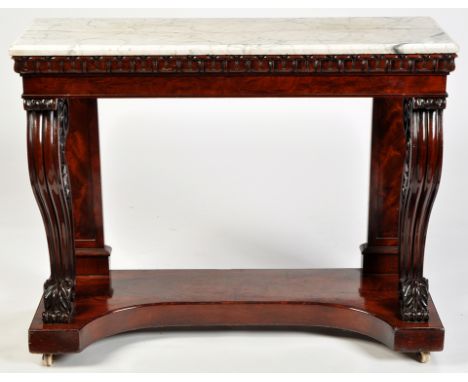 A 19th Century mahogany console table, the rectangular grey veined white marble top above a frieze decorated with lotus leave