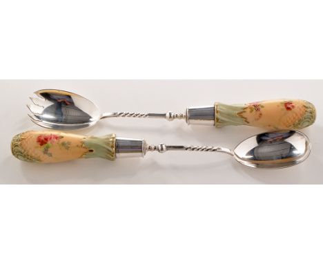 A pair of Victorian salad servers, by John Round & Son Ltd. (Joseph Ridge), Sheffield 1898, each with spiral twist stems and 