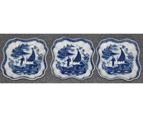 Set of three Caughley square shaped dishes, printed with 'Fisherman and Cormorant', late 18th Century, length 20cms, impresse