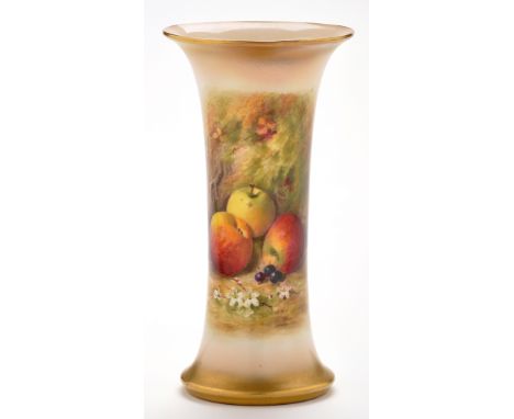 A Royal Worcester trumpet vase, signed Ricketts, painted with apples and cherries against 'moss' background, height 19.8cms. 