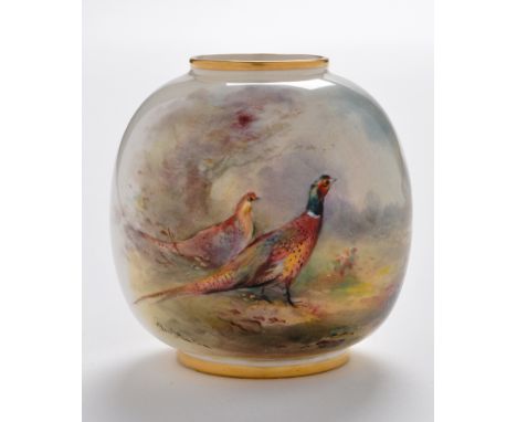 Royal Worcester painted 'shooting' ovoid vase, signed Jas. Stinton, with two pheasants in partially wooded landscape, height 