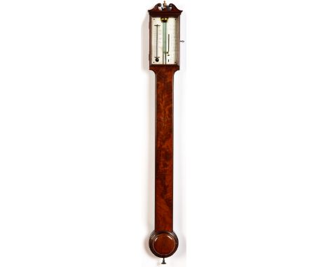 Dolland, London: a Georgian mahogany stick barometer with silvered register, the case with swan neck pediment and urn finial,