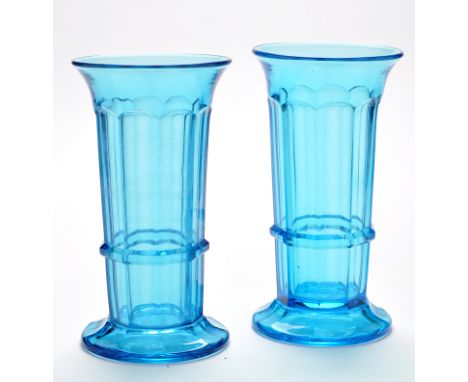Pair of blue and pair of yellow glass vases of 'North-East' interest, each with nine panel faceted sides, the tallest height 