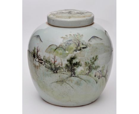 Chinese celadon coloured glaze ginger jar and cover, painted with buildings in mountainous landscape, height 24cms.  (2)