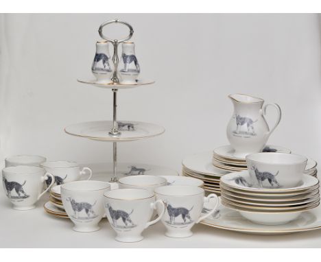 Royal Grafton 'Bedlington Terrier' composite service of 'North-East' interest, comprising: cake stand, six side plates and th