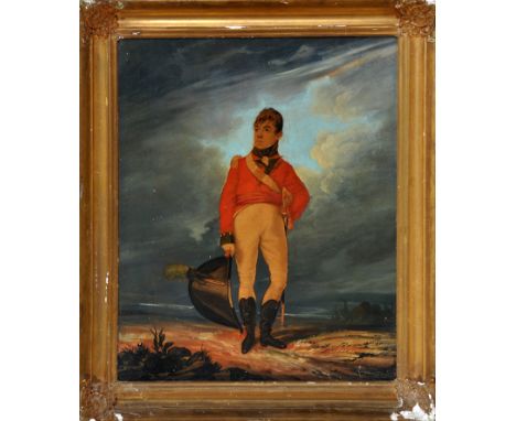 19th Century British School
A PORTRAIT OF A YOUNG INFANTRY OFFICER
engraving richly over-painted in gouache on paper applied 