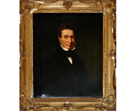 19th Century British School
A BUST PORTRAIT OF A GENTLEMAN WITH BROWN CURLY HAIR AND LONG GREY SIDE WHISKERS WEARING A BLACK 